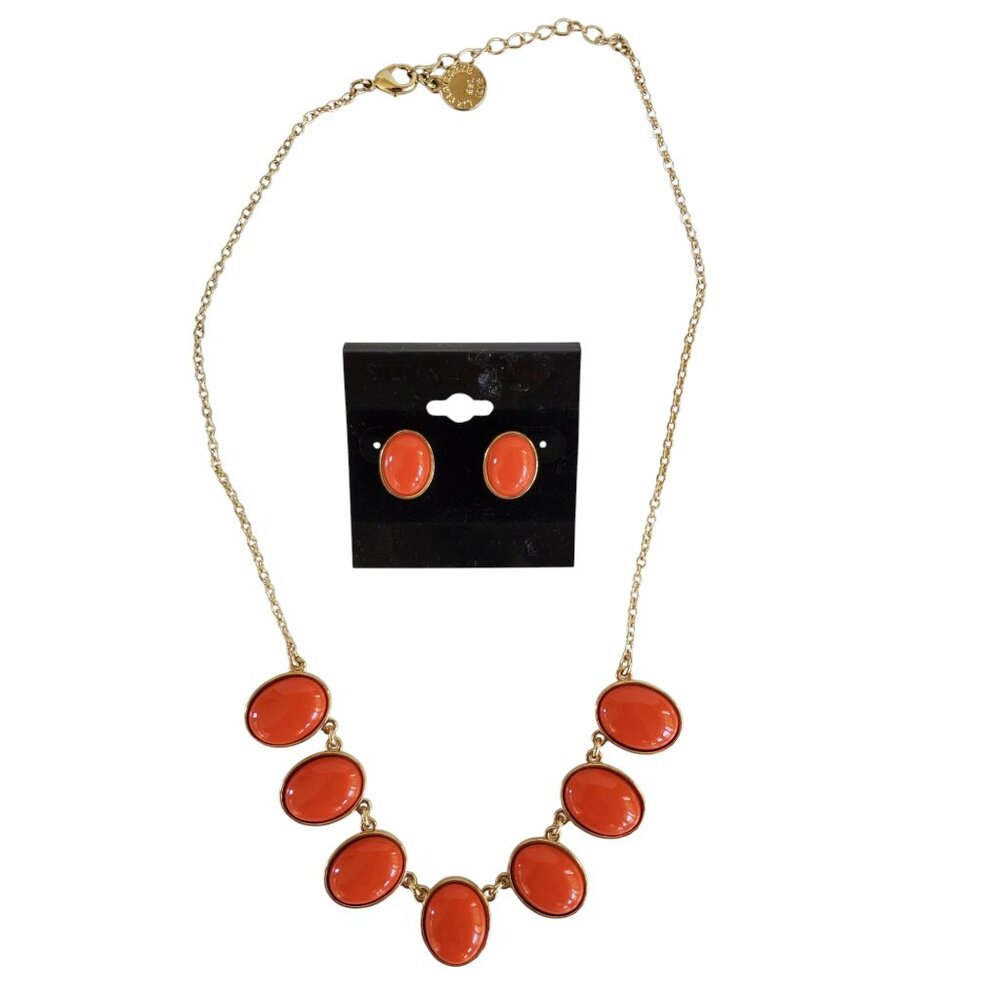 Vintage Liz Claiborne Necklace & Pierced Post Earrings Set 19" Oval Orange Color